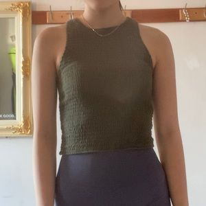 shirred high neck halter tank top